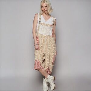 POL Boho Patchwork Wide Leg Crop Overall NWT